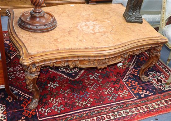 A Louis XV style carved wood and marble topped coffee table W.110cm